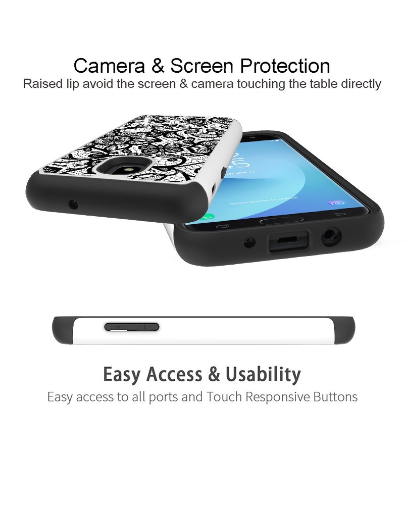 Samsung Galaxy J7 2018 Case, Galaxy J7 Refine/J7 Aero/J7 Top/Aura/Crown/Eon/Star Case, Androgate Hybrid Shock Absorption Floral Bumper Phone Cover Case with TPU Full Coverage Screen Protector, Black