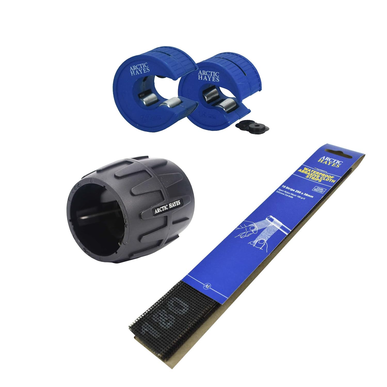 Arctic Hayes Pipe Cutting Bundle with 2 Pipe Cutters, 1 Deburring Tool and 10 Silicon Carbide Abrasive Strips