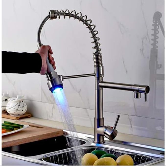 Cocina Baño Manijas Dobles Led Cambio De Color Níquel Cepillado Grifo