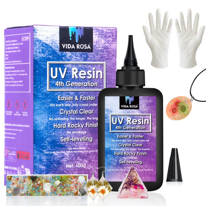 VidaRosa UV Resin 100g Hard Type Crystal Clear for Resin Art, Jewelry Making, Crafts DIY, Casting & Coating, Fastest Curing UV Resin, Yellowing Resistant, with 1 Pair Disposable Gloves