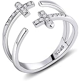 Desnuage Sterling Silver Cross Ring for Women - Adjustable Open Ring with Double Cross & Zircon Design, Stackable Statement Jewelry