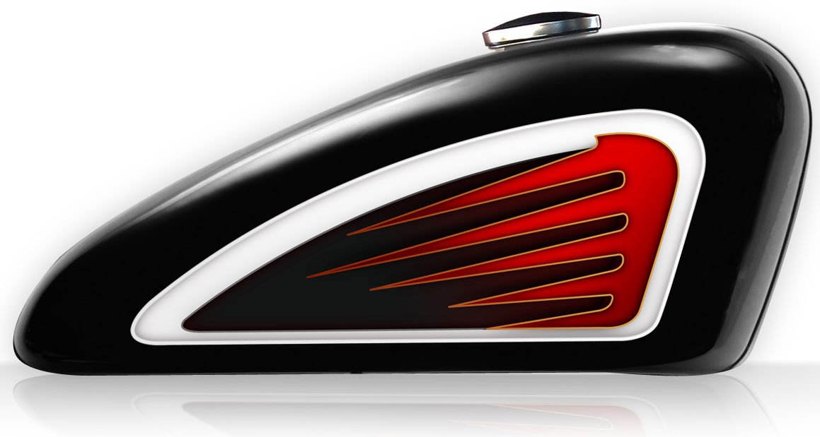 Harley Davidson Sportster Motorcycle Vinyl Fuel Tank Decals (Removeable) - White Border with Red Streaks - Large - 14" x 5 1/2" (Gloss) (Pair - Left & Right) - Spades Cycle Graphics