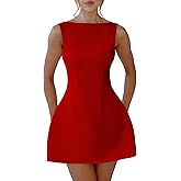YMDUCH Women's Sexy Sleeveless Crew Neck Backless A-line Party Short Mini Dress