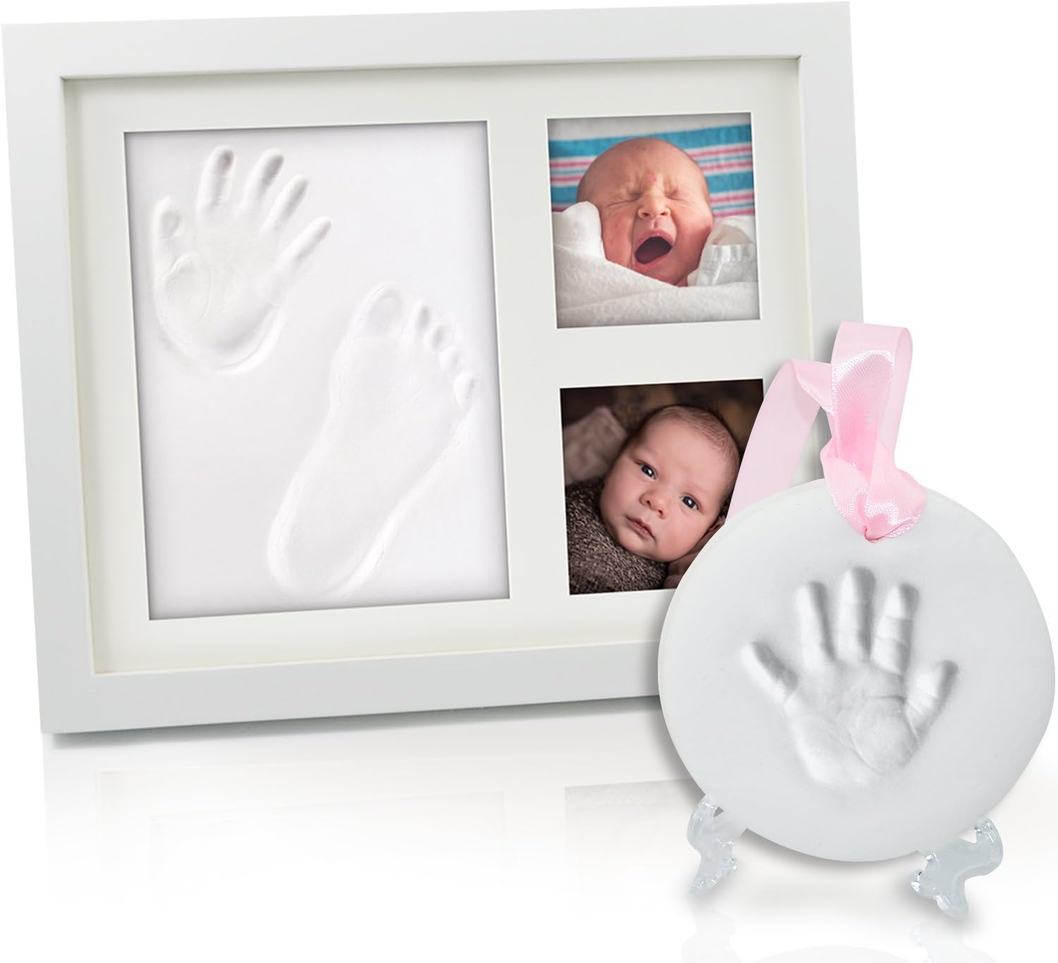 HuGreat Baby Handprint,Footprint wooden frame-FREE TABLE/WALL ORNAMENT KIT-Photo keepsake-Stepping stone for priceless memory-100% Baby safe clay-Safe Acrylic Glass frame,Durable-Best baby shower gift