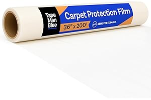 TapeManBlue Carpet Protection Film 36" x 200' roll. Made in The USA. Easy Unwind, Clean Removal, Strongest and Most Durable Plastic Carpet Protector. Clear, Self-Adhesive Surface Protective Film.