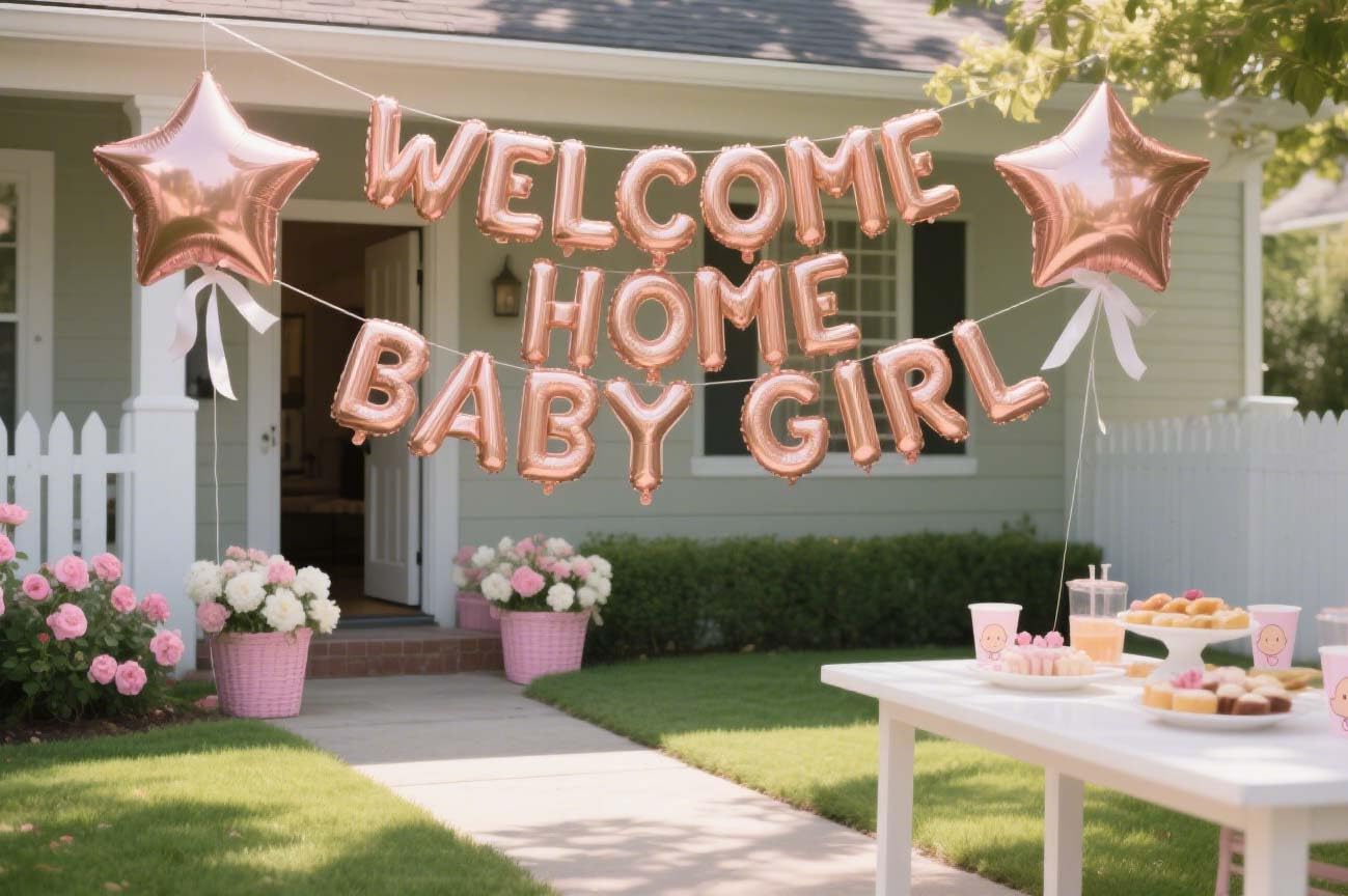 Fechy Welcome Home Baby Girl Letter Balloon Banner with Star Foil Balloons for Newborn Baby Girl Baby Shower Welcome Home Family Party Decorations (Rose Gold)