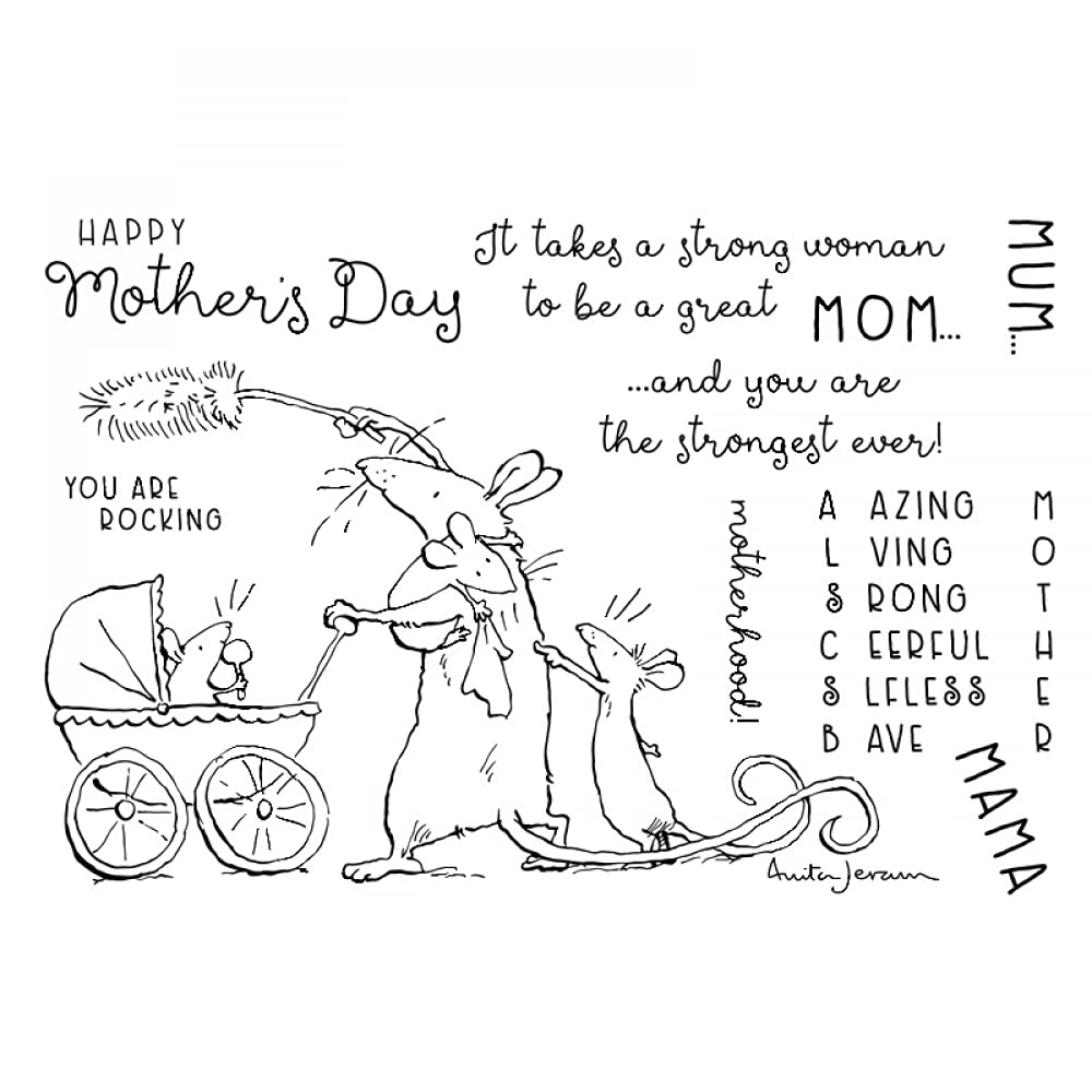 Mice Mom with Her Babies Dies and Stamp Sets for Card Making Happy Mother's Day,Motherhood Alphabets Clear Rubber Stamp for DIY Scrapbooking Paper Crafting Metal Cutting Dies Punch Template Mould