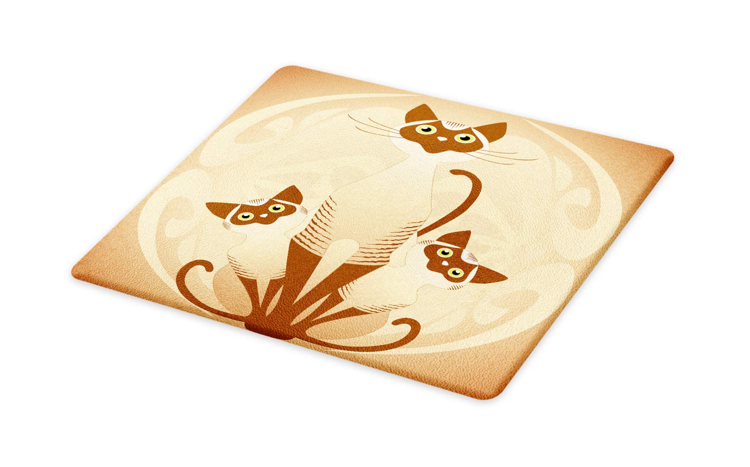 Ambesonne Animal Cutting Board, 3 Cats Feline Familly Siamese Babies Kittens with Ivy Background, Decorative Tempered Glass Cutting and Serving Board, Large Size, Tan and Pale Brown