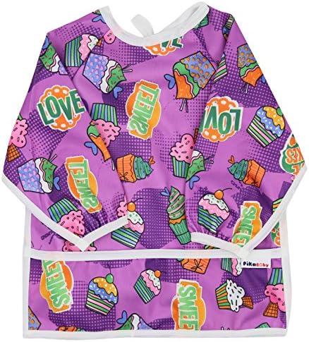 Pikababy Long Sleeved Bib Waterproof Bibs with pocket - 6 to 24 months baby girl and boy colors (Cakes)