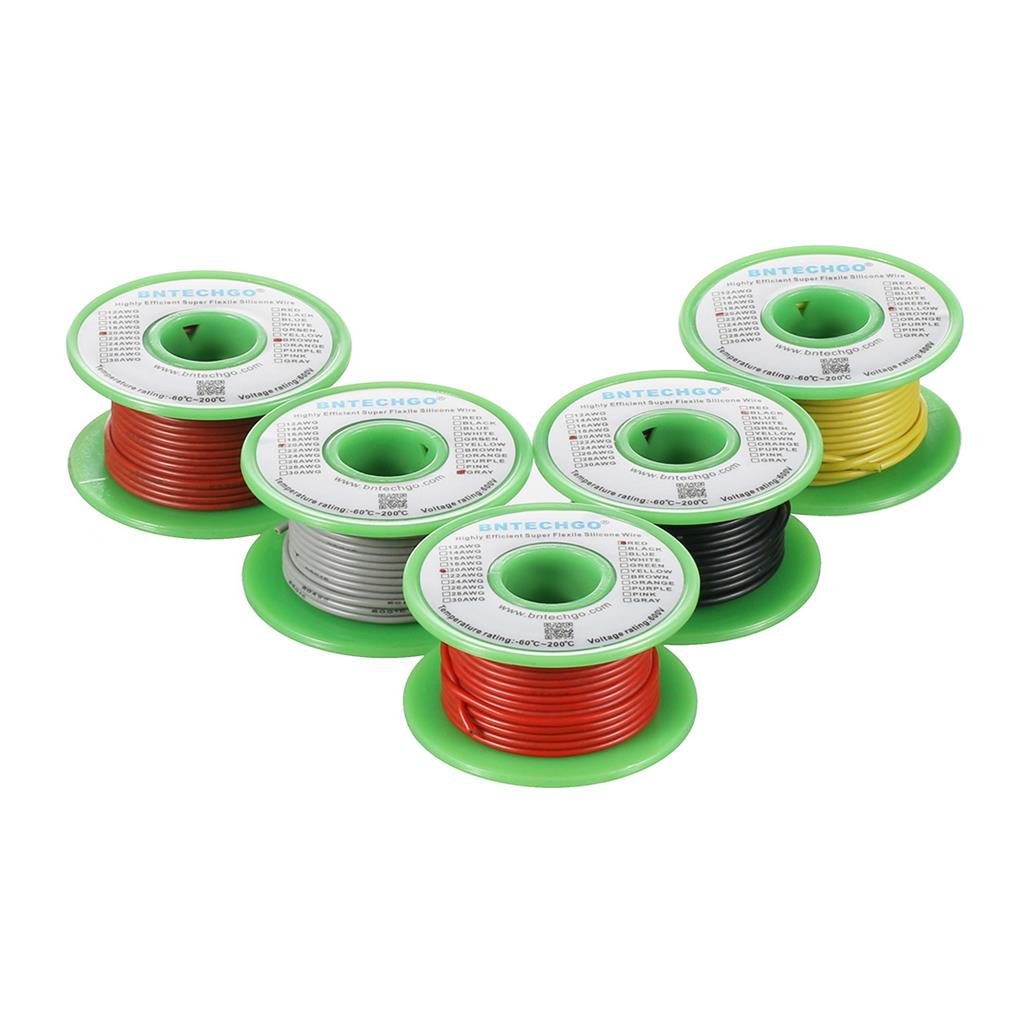 BNTECHGO Ultra Flexible 20 Gauge Silicone Wire Spool 5 Color Red Black Yellow Brown Gray High Resistant 200 deg C 600V Electronic Wire 20 AWG Stranded Wire 100 Strands Tinned Copper Wire Hook Up