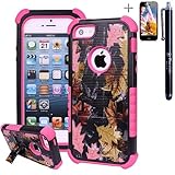 3 Layers Heavy Duty Rugged Real Tree Maple Camo Hard + Soft Case Cover + Stand for iPhone 5 5s + Stylus + Screen Protector - Pink