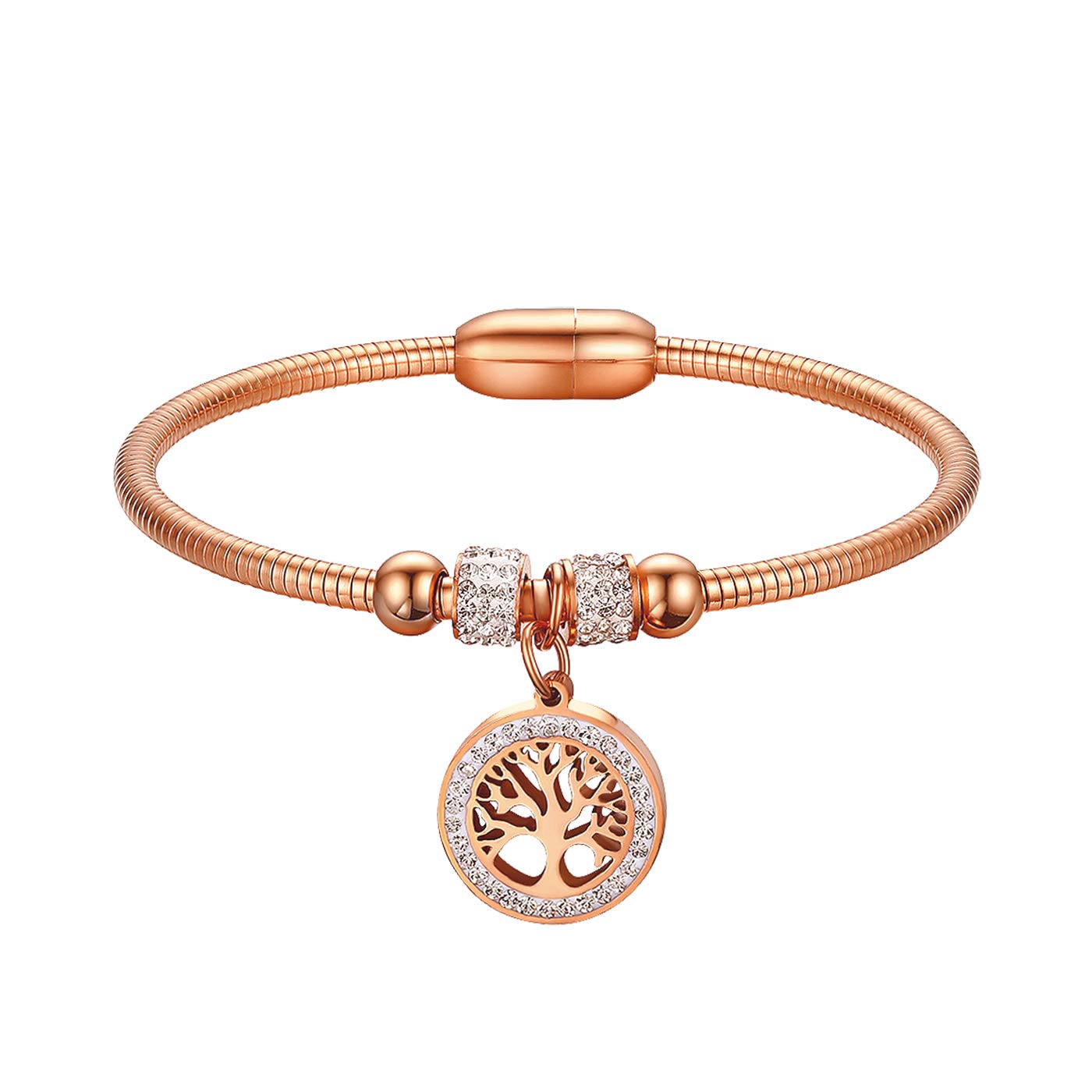 JewelryWe Women's Hollow Tree of Life Bracelet-Shiny Rhinestone Inlay Stainless Steel Magnetic Buckle Bangle Bracelet(Rosegold)