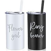 Sieral 2 Pcs 16 oz Flower Ring Bearer Tumbler Cup Stainless Steel Cup with Straw Water Bottle Gift Idea for Wedding Party(Black, White)