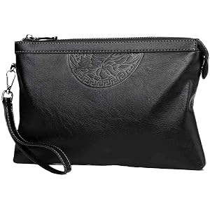 Men's Leather Clutch Bag, Business Handbag with Wrist Strap, Large Capacity Zipper Purse for Men, Black