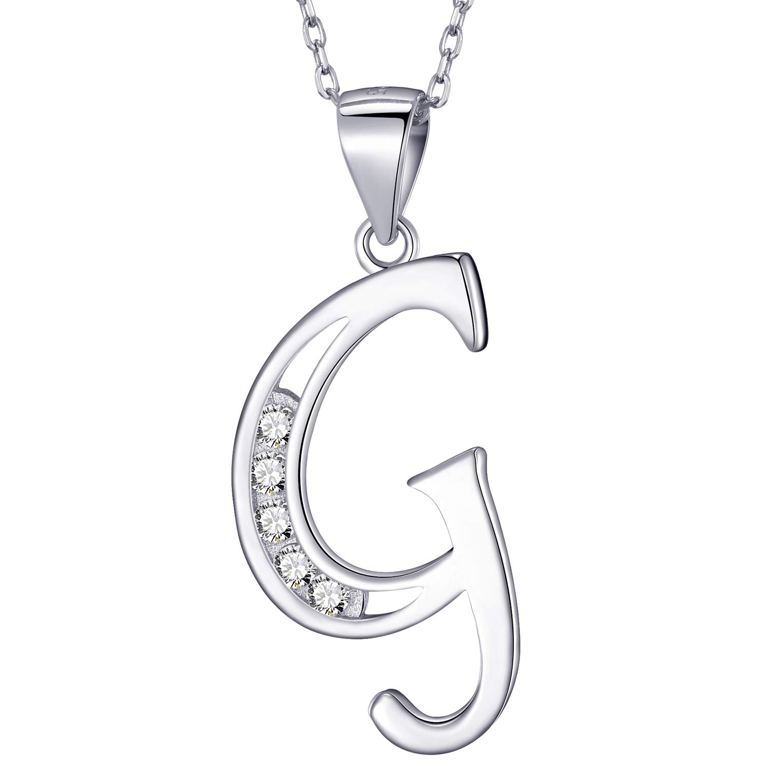MASADA 925 Sterling Silver Letter Necklace - Initial Pendant with Zircon Stones - Letter G - Personalised Alphabet, Teens & Girls - 46 cm - 18 inch Chain in Velvet Bag