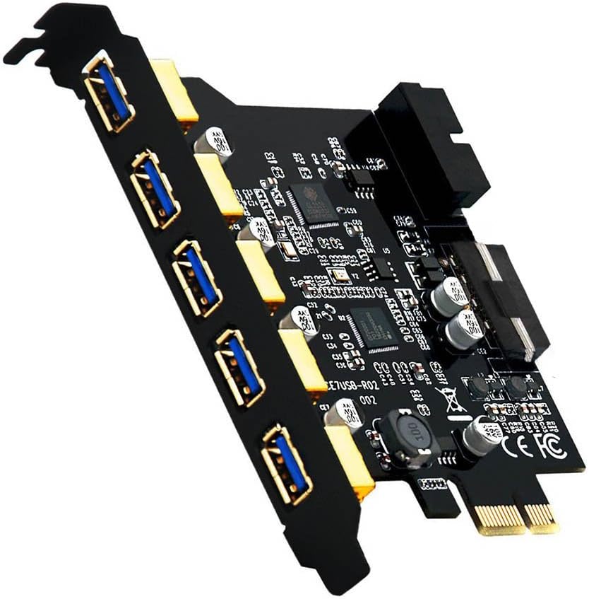 XinYS USB3.0 Superspeed 5 Ports PCI-E to USB 3.0 PCI Express Expansion Card - 5 USB 3.0 Ports with Large 4pin Male Power Connector,Internal 20-Pin USB3.0 Expansion Connector,Including 1X Power Cables