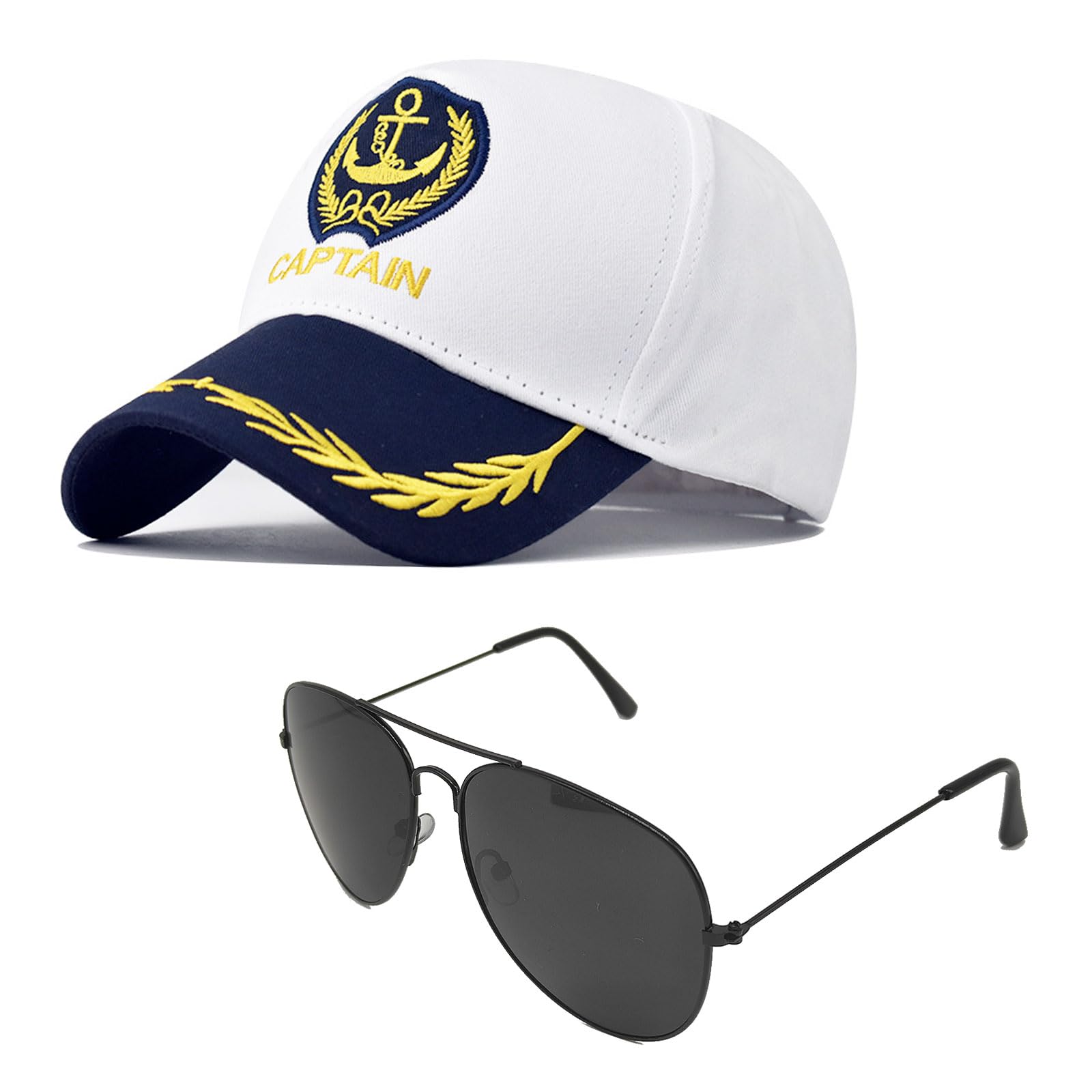 SAIIURV 2 Pcs Captain Sailor Set, Adjustable Sailor Costume Cosplay Hat, Gold Embroidery Anchor Skippers Cap, Sunglasses, Captain Yacht Hat, Navy Sailor for Club Pub Party Costume Accessory (White)