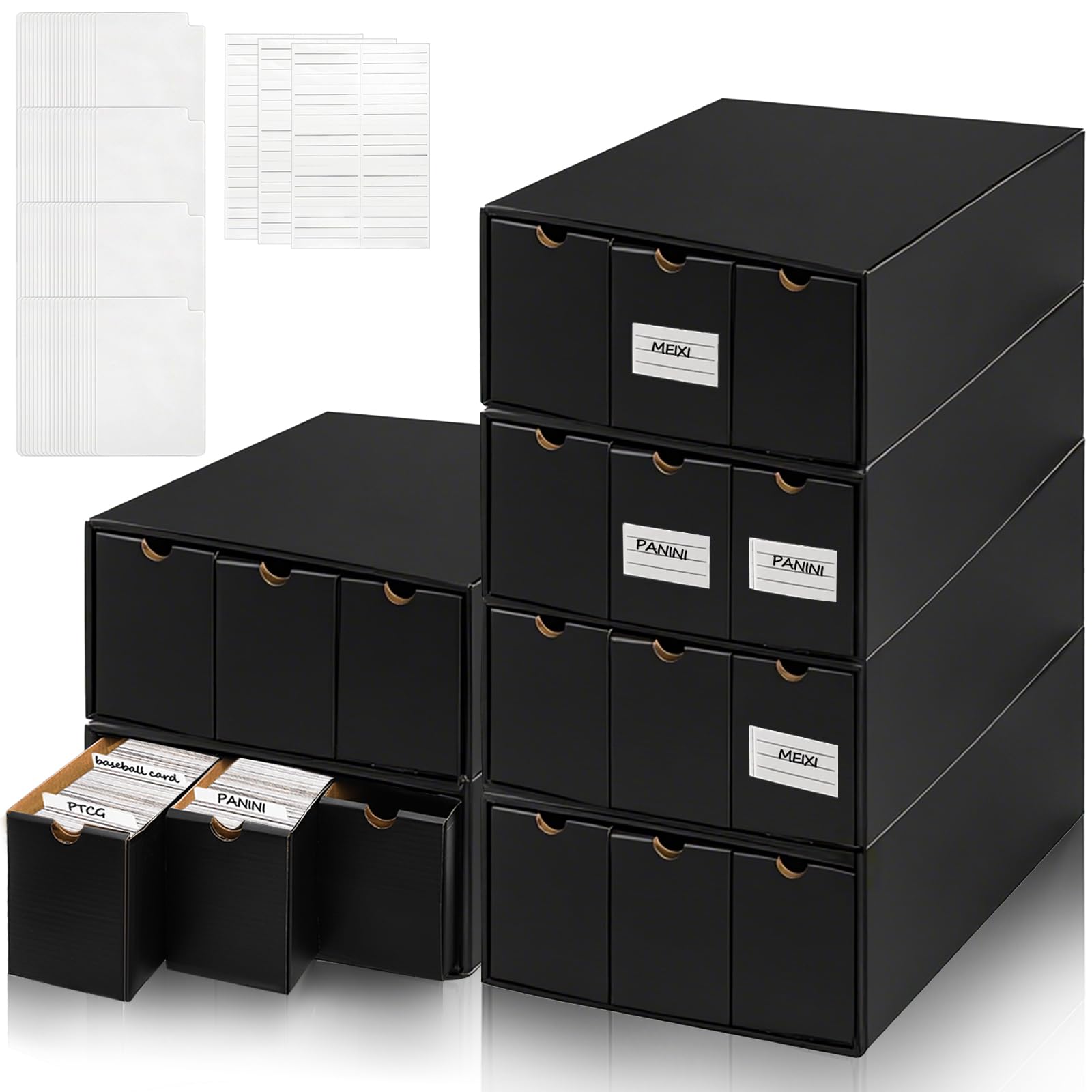 Photo 1 of Mezchi 6 Pack Trading Card Storage Box Organizer with 80 Dividers & 30 Labels, 8000+ Capacity Cardboard Box for Baseball, Sport Cards and Magic Collection,18 Drawers