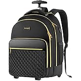 Arcoyard Rolling Backpack for Women, 15 inch Lightweight Wheeled Roller Laptop Backpack for Adults, Water Resistant Underseat Carry On Luggage Bag, TSA Friendly Anti Theft Business Gear, Black Gold