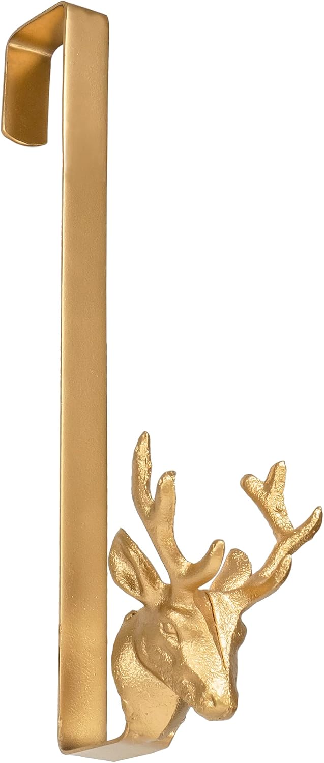 Wreath Hangers - Red Co. 14” Decorative Golden Metal Front Door Christmas Wreath Hanger with Reindeer Tip