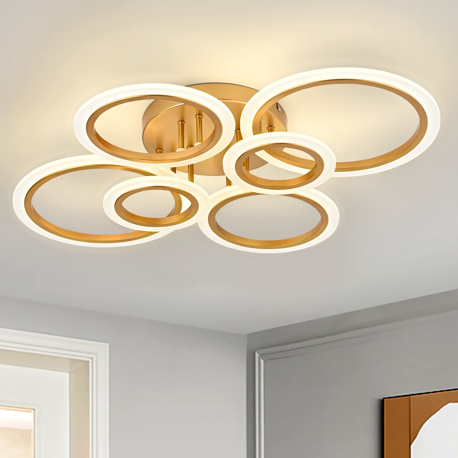 Photo 1 of Vikaey Modern LED Flush Mount Ceiling Light, 6 Rings Gold Close to Ceiling Light, Lighting Fixture Ceiling Lamp for Kitchen, Living Room, Bedroom, Laundry Room, 4000K Not Dimmable