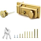 QWORK Night Latch Deadbolt Rim Lock with Key Gold Finish Antique Style Lock with Front Door Key