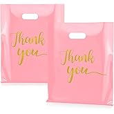 Thank You Merchandise Bags, 12x15 Inch Plastic Thank You Shopping Bags 100 Pack Reusable Pink Gift Grocery Goody Retail Bags with Handles for Small Business Retail Boutique Stores Packaging Supplies