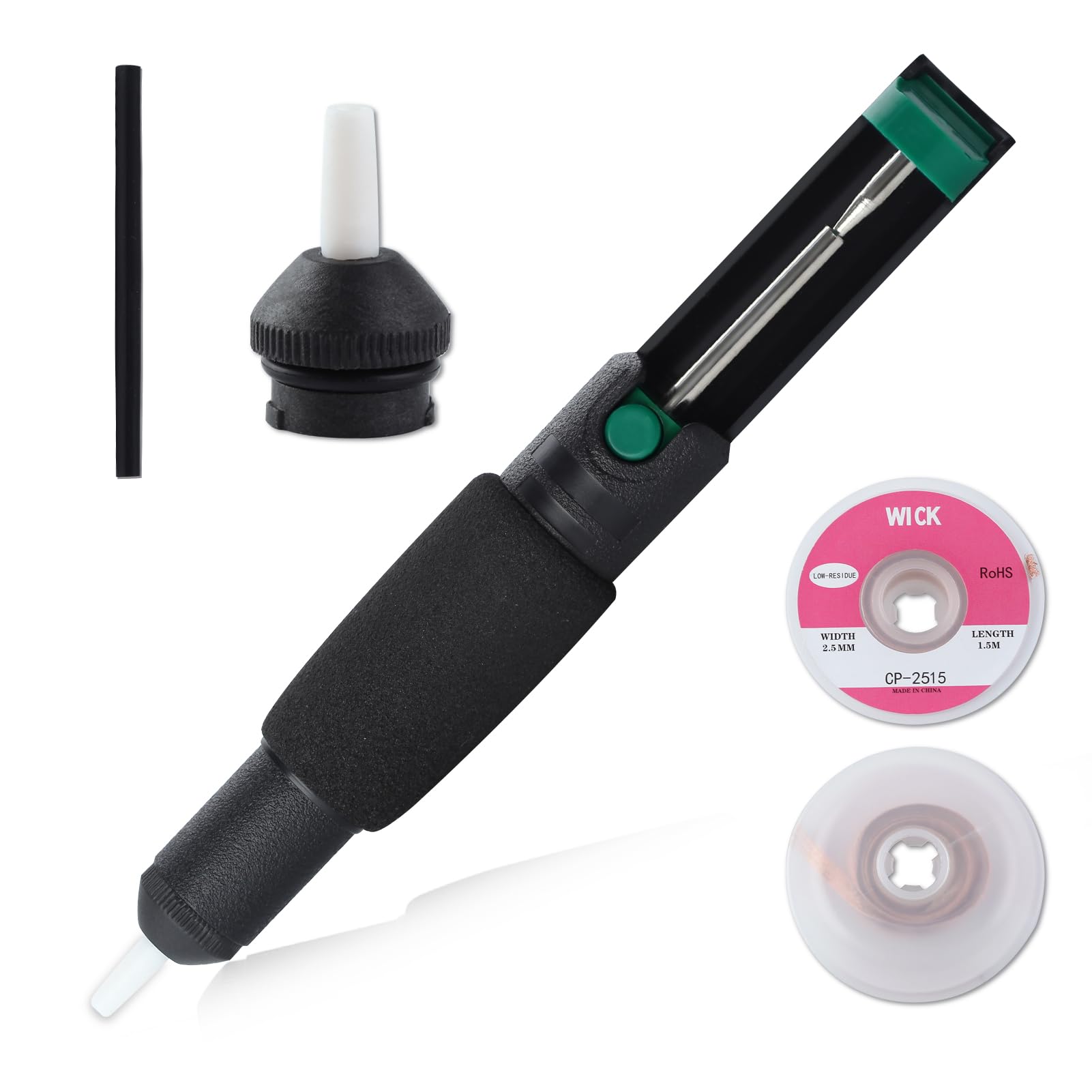 LEONTOOL Solder Sucker, Desoldering Pump Solder Sucker Tool, No Clog Solder Removal Tool with Powerful Extractor Vacuum Suction, Heat Resistant Taper Nozzle, 2pcs Solder Wick(2.5mm Width, 1.5m Length)