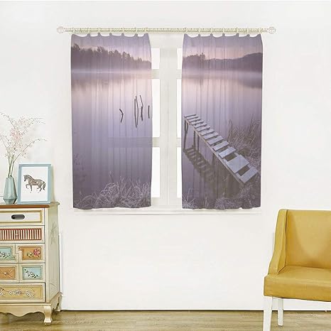 Amazon ラベンダーネイビーブルー レースカーテンおしゃれ 子供の部屋 寝室居間 幅100cm 丈108cm 2枚組 早朝ファンタジー夢のような霧の湖木製桟橋遠い森 シースケープ カーテン ブラインド オンライン通販