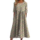Women's Boho Floral Short Sleeve Midi Dresses Summer Casual Flowy Loose Beach Vacation Tshirt Dress with Pockets