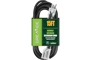 GREATIDE 15 Ft Lighted Outdoor Extension Cord - 12/3 SJTW Heavy Duty Black Extension Cable with 3 Prong Grounded Plug - 15 Amp Power Cord for Lawn, Garden, Appliances