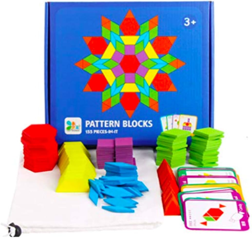 Freedom River Valley 155 Pcs Wooden Pattern Blocks -Geometric Shape Puzzle with 24 Pattern Cards. Montessori Tangram Game for Kids 3 Years +, Educational and Fun!!