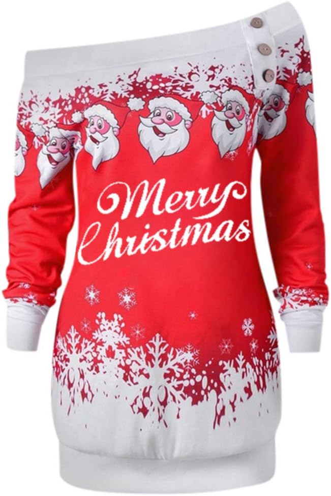 NANTE Top Women's Blouse Christmas Santa Claus Snowflakes Print Off Shoulder Button Tunic Tops Festival Party Shirt Xmas Ladies Blouses
