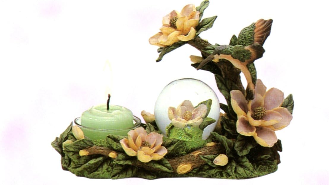 Candle Holder Centerpiece Hummingbird with Magnolia Tea Light Votive Candle Holder with Mini Snow Globe. Resin. 4 1/2" High.