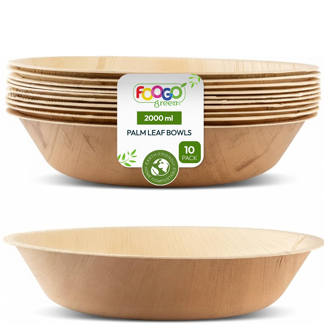 FOOGO Green 10pcsDisposable Palm Leaf Serving Bowls, 12"(30cm), 67.6oz (2000ml), Deep Round, Biodegradable Compostable, for Salad, Wedding Party, Like Wooden, Bamboo and Paper Bowls