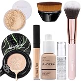 PHOERA Mushroom Head Air Cushion CC Cream Natural Foundation, Concealer, Primer, Powder, Kabuki Makeup Brushes (101 Porcelain+01 Ivory)