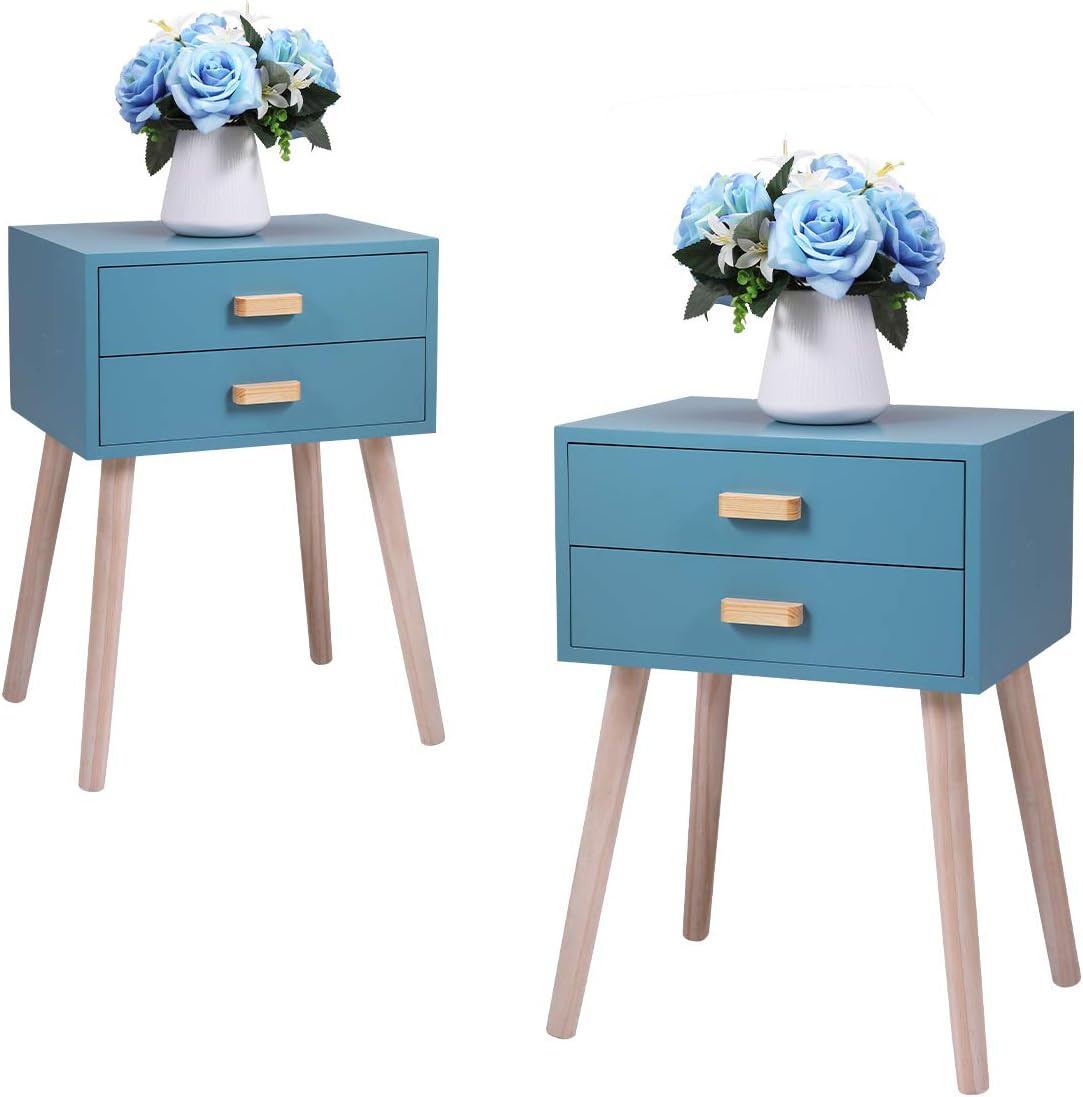 Amazon Com Jaxpety Set Of 2 Nightstand 2 Drawers Wood Bedside End Table Storage Cabinet Mid Century Modern Style For Bedroom Living Room Office 24 8 H Accent Side Table Light Blue Kitchen Dining