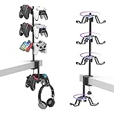 DGPCT Rotatable 4 Tier Desk Clamp Controller Headset Stand, Universal Under Desk Controller Holder Rack for PS5 Xbox Nintendo Switch PC PS4, Aluminum Gaming Headphone Hanger, Black