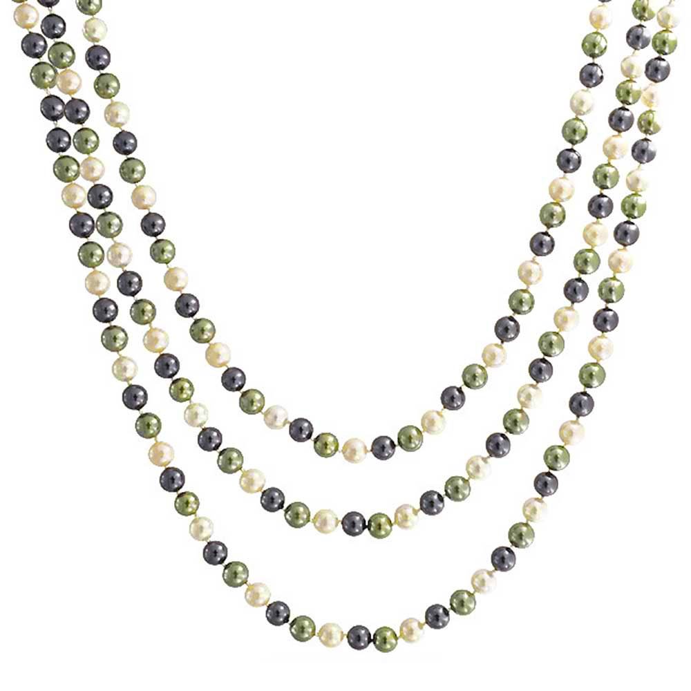 Bling Jewelry Hand Knotted Long Strand Double Triple Wrap Endless Layering 8MM Tri Color Multicolor Peacock Grey Pink Beige Olive Green Simulated Pearl Strand Necklace For Women Length 62 Inch