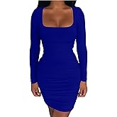 Kaximil Women's Sexy Bodycon Ruched Mini Club Dress Long Sleeve Basic Casual Dresses