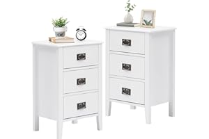 VECELO Nightstands Set of 2, Side End Table with 3 Drawers for Bedroom, Living Room Sofa Bedside, Vintage Accent Furniture Small Space Storage Cabinet, Solid Wood Legs
