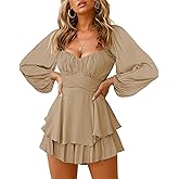 Fixmatti Women off Shoulder Rompers Lantern Long Sleeve Ruffle Tie Mini Shorts Jumpsuit