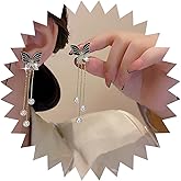 Allereyae Vintage Crystal Butterfly Ear Jacket Earrings Rhinestone Butterfly Earrings Long Pearl Drop Earrings Cz Long Pearl Chandelier Earrings Jewelry for Women