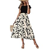 Dokotoo Women's Maxi Dress Summer Dresses for Women 2025 Trendy Crewneck Ruffle Dress with Sleeves Floral Print Elegant Dresses for Women Casual Midi Dress with Pockets