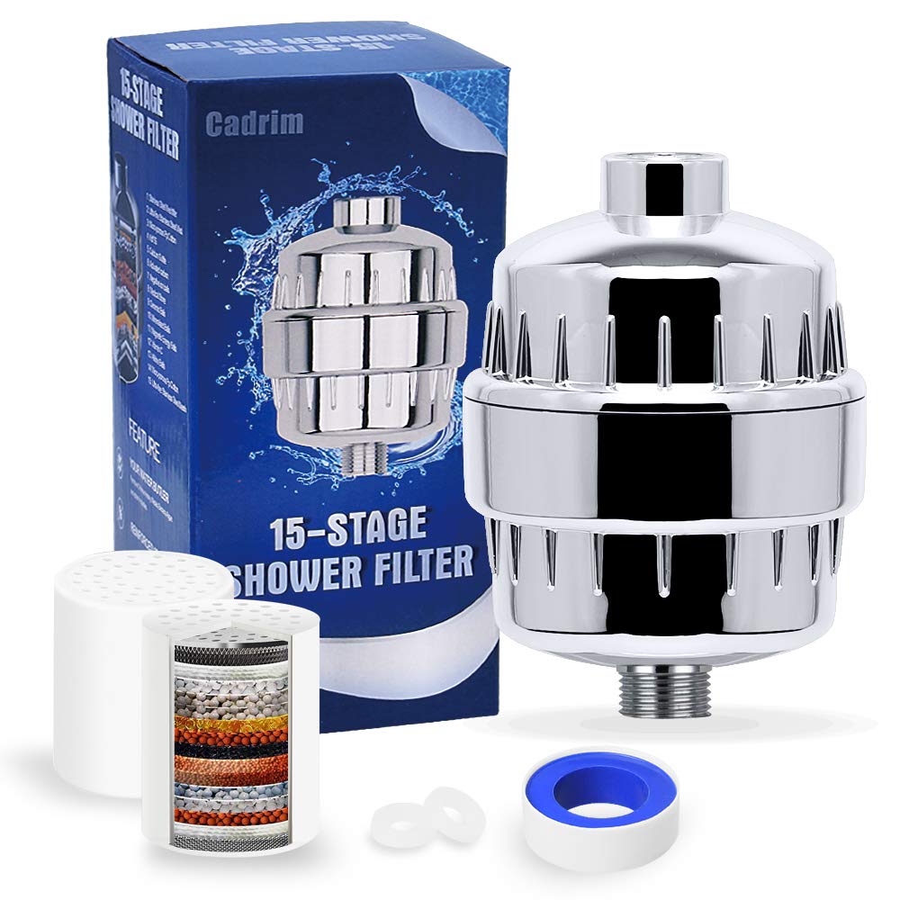 Cadrim Shower Filter, Chrome 15 Stage Universal Replaceable Shower Head Water Purifier with 2 Filter Cartridges and 1 Teflon Tape (Grey)