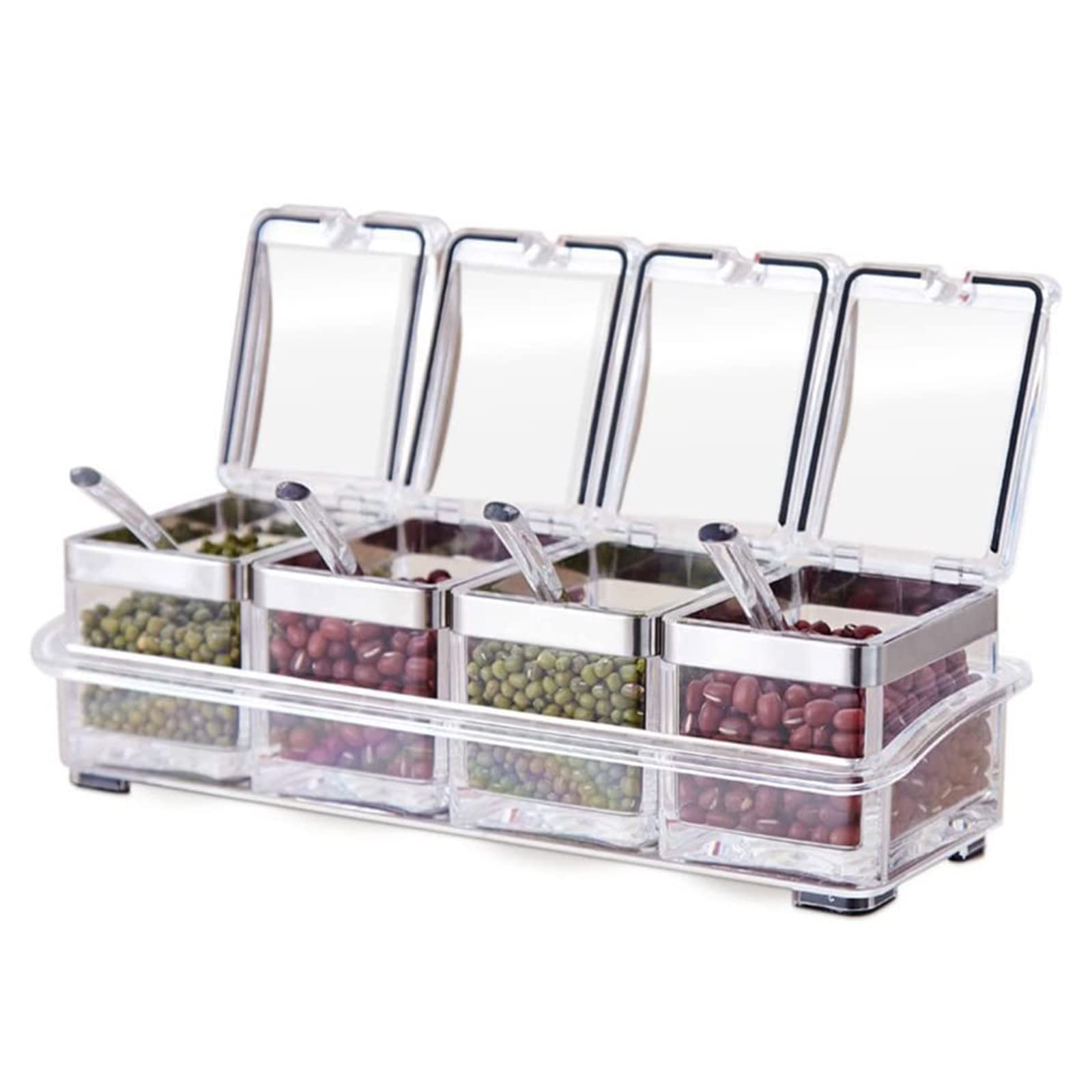 TENTA KITCHEN Airtight Gourmet Acrylic Seasoning Box - Premium Quality Pure Acrylic Container and Case- 18/8 Stainless Steel Ring - 4 Serving Spoons -Luxurious Condiment Cruet Bottle, Spice Jar Set