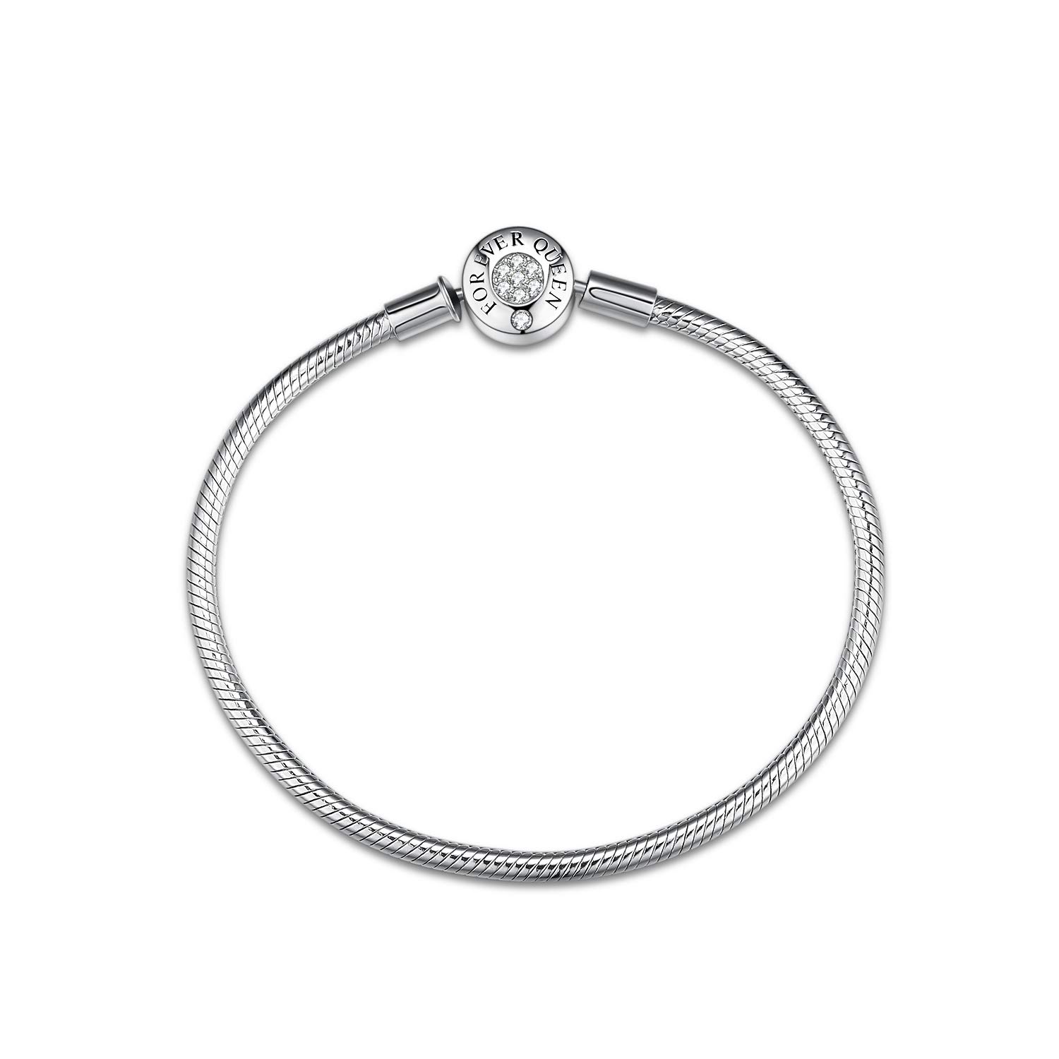 FOREVER QUEEN Charm Bracelet Fit Charms 925 Sterling Silver Basic Snake Chain Bracelet for Women Girls, Signature Bracelet with Sparkling Round Clasp Charm (19 cm)