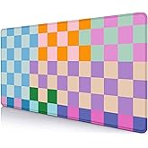 SXCKANG Colorful Checkered Desk Mat, Retro Purple Pink Blue Green XXL Large Mouse Pad, Aesthetic Big Computer Mouse Mat for Office, Rubber Base Mousepad Desk Pad with Stitched Edges, 35.4 x 15.7 in