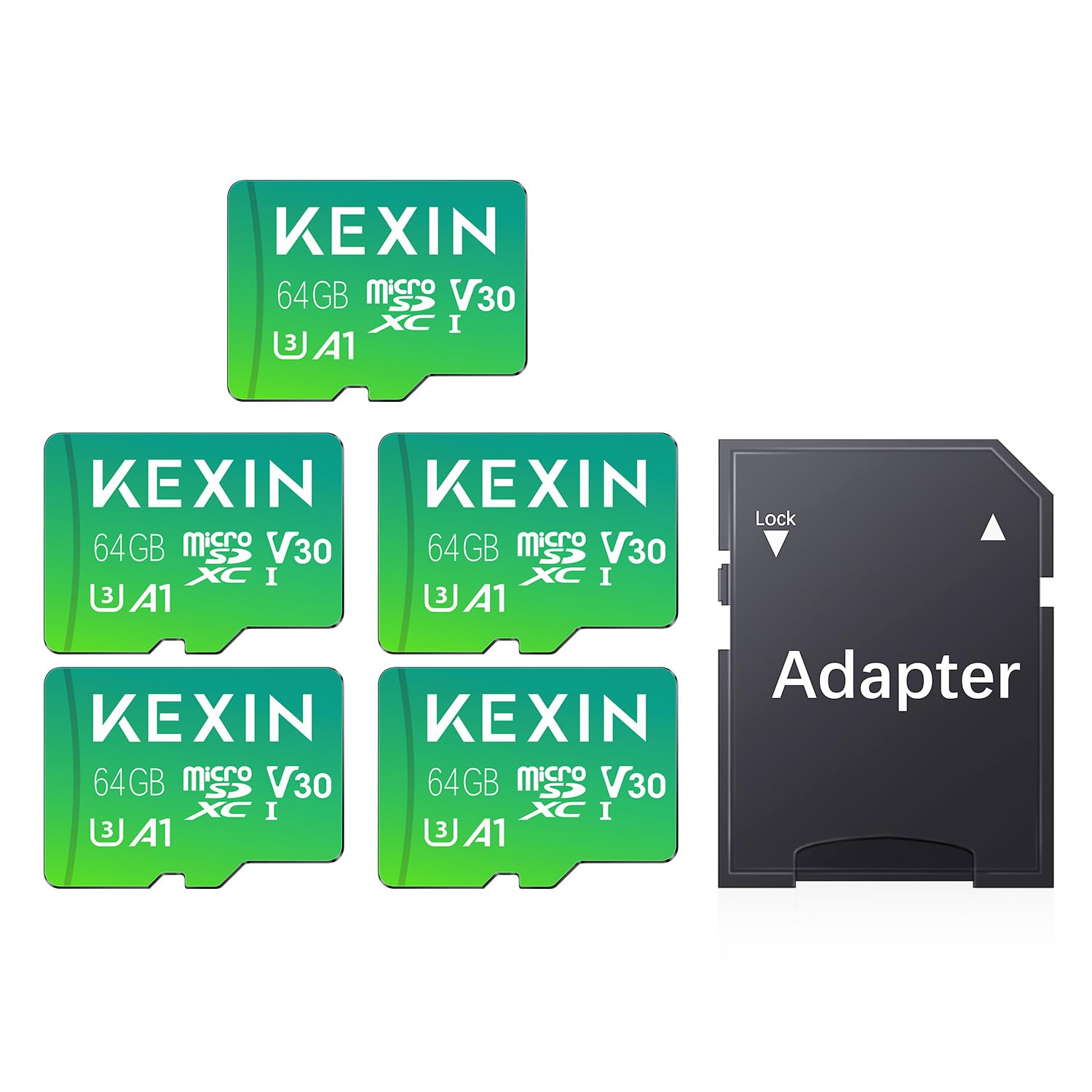 KEXIN 5 Pack Micro SD Card 64GB MicroSDXC with SD Adapter, A1, U3, V30, C10 Micro SD Memory Card TF Card 4K Full HD Video Recording Green
