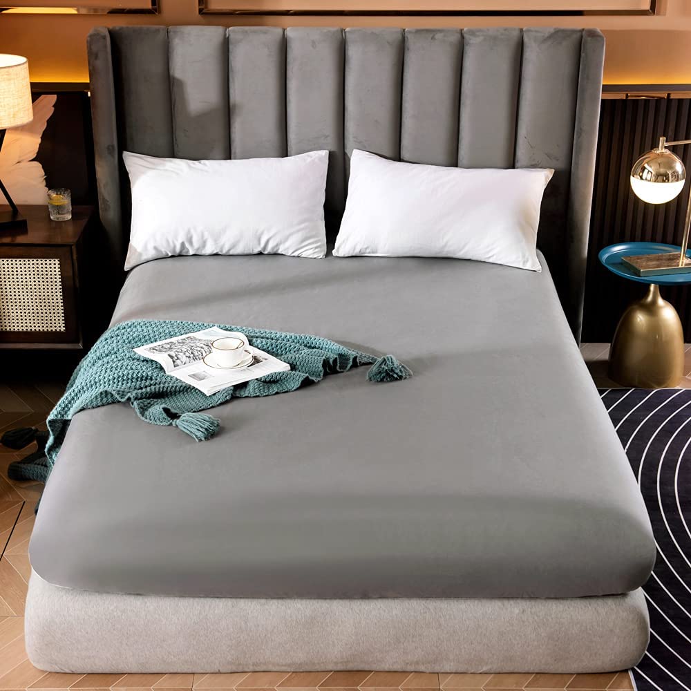 Qollection Fitted Sheet Quilt Comforter Cover 600TC Premium Quality Microfiber Wrinkle & Stain Resistant Bedding Set Ultra Soft Like Silk Satin Luxury Breathable (Grey, S-KING Fitted Sheet)